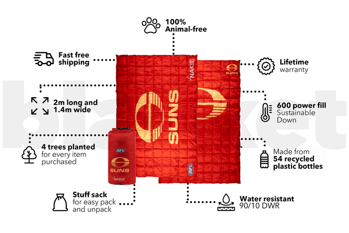 Gold Coast SUNS red quilted puffy blanket with gold logo, 2m x 1.4m, shown flat with stuff sack.