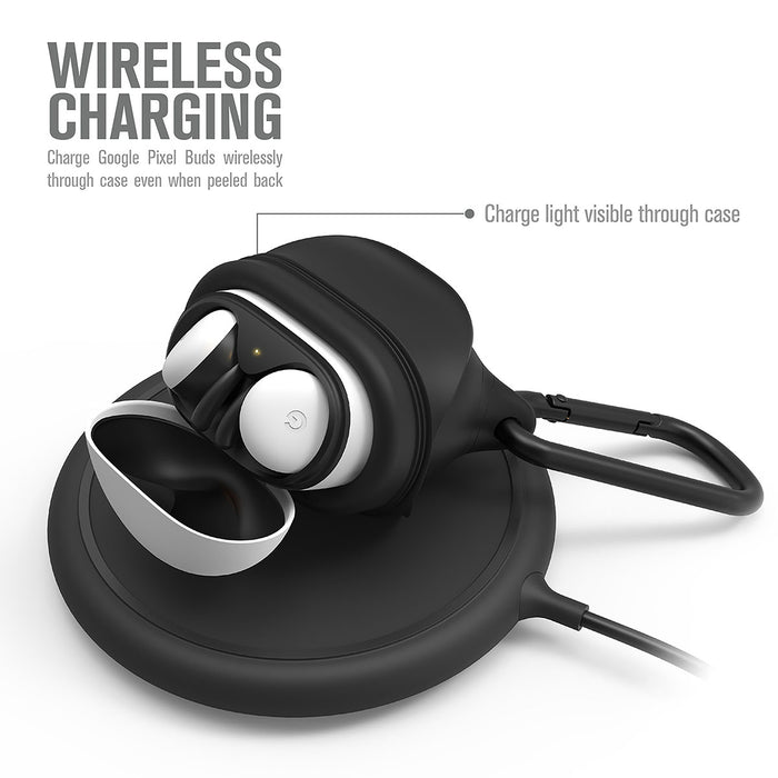 Catalyst Google pixel buds 2 waterproof case showing magsafe wireless charging text reads wireless charging charge google pixel buds wirelessly throuh case even when peeled back charge light visible case