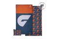GWS Giants AFL beach towel in navy and orange with logo, includes small carry pouch and money-back guarantee badge