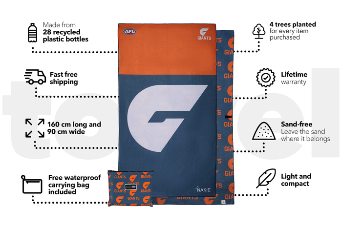 GWS Giants AFL beach towel in navy and orange with large G logo, 160cm long, includes waterproof carrying bag