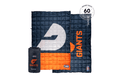 Navy and orange quilted puffy blanket with large white Giants logo and "GIANTS" text, shown with black carry bag