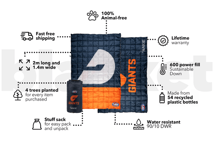 Navy and orange GWS Giants puffy blanket with white swan logo, 2m x 1.4m