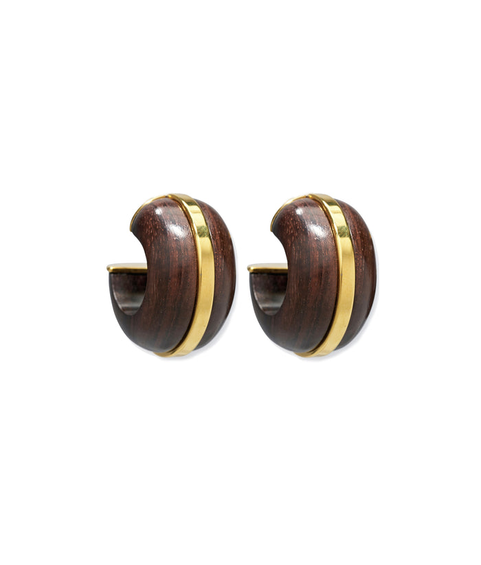 Chunky hoop earring silhouette, in earthy acacia wood with gold-plated brass details