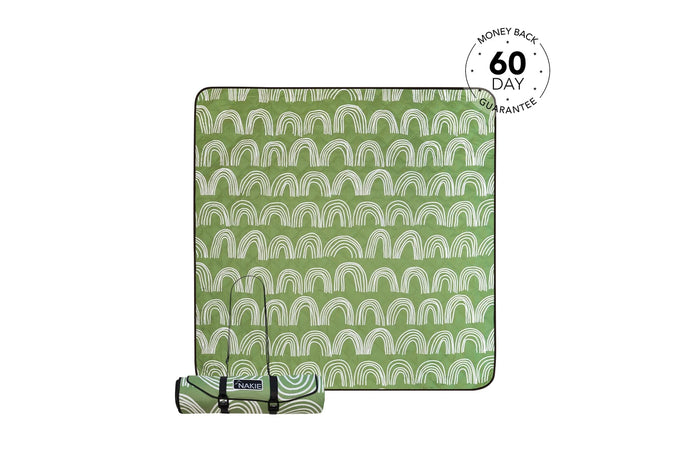 Green picnic blanket with white geometric arch pattern, shown flat and rolled with carrying straps