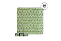 Green picnic blanket with white geometric arch pattern, shown flat and rolled with carrying straps