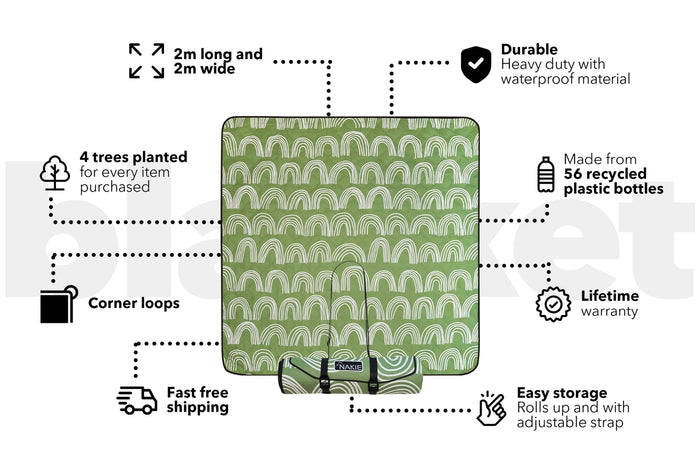 Green recycled picnic blanket with white arch pattern, 2m x 2m, rolled with carrying strap