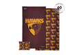 Hawthorn Hawks maroon and gold beach towel with eagle logo and repeated hawk pattern, shown with matching sand-free pouch.