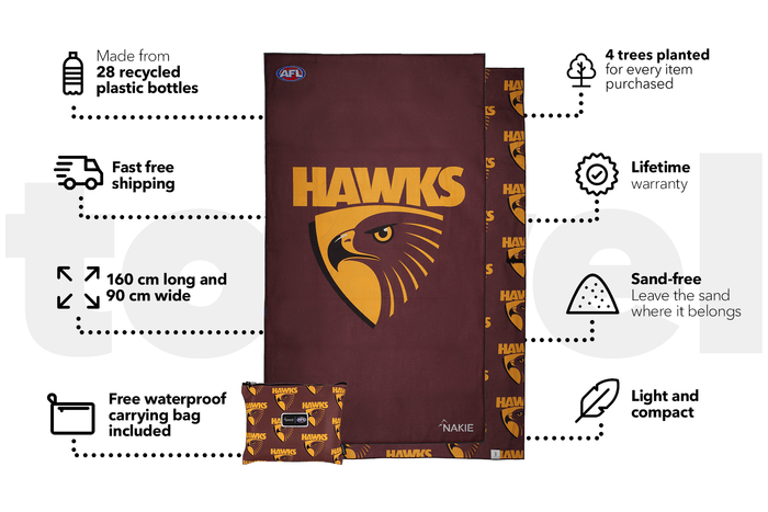 Hawthorn Hawks maroon and gold beach towel with eagle logo, 160cm x 90cm, shown with matching carry bag
