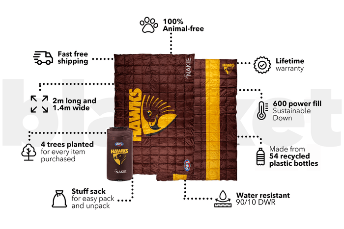 Hawthorn Hawks maroon and gold puffy blanket with yellow stripe, 2m long, featuring team logo and sustainable down fill