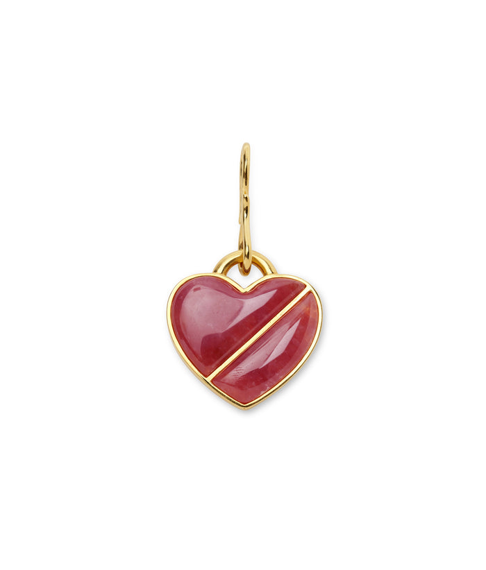 Heart Pendant in First Love. Large charm with bisected strawberry quartz heart set in gold-plated brass, with s-hook.