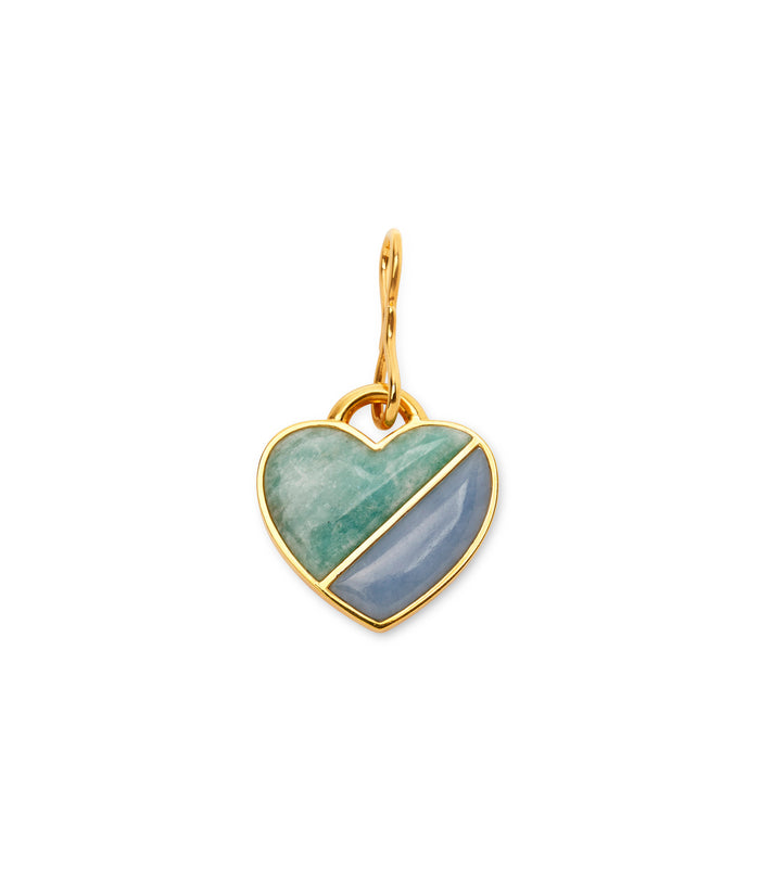 Heart Pendant in Ocean. Large charm with amazonite and angelite heart set in gold-plated brass, with s-hook.