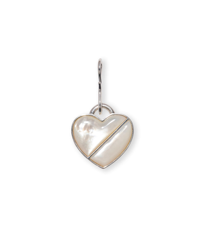 Heart Pendant in Silver. Bisected heart inlaid with mother-of-pearl stones. S-hook attached.