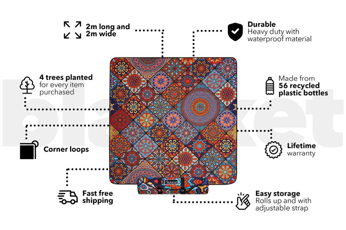 Colorful geometric patterned picnic blanket with orange, blue, and red ornamental design, 2m x 2m with corner loops.