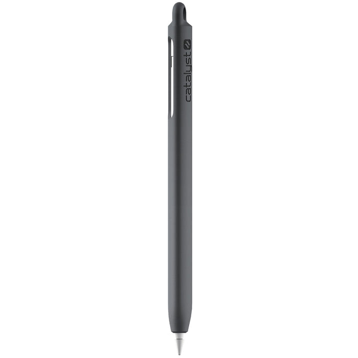 A gray Apple Pencil (Gen 1) Grip Case by Catalyst Case US is shown vertically against a white background, with the pointed tip down and the "catalyst" logo vertically printed on the upper barrel near a top clip.