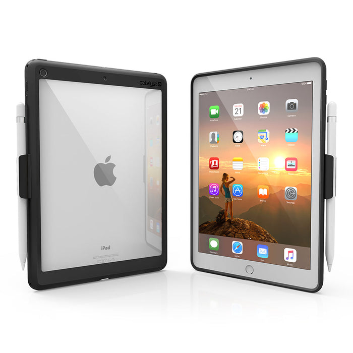 Two iPads (Gen 6/5), 9.7", in Catalyst Case US Impact Protection Cases (Stealth Black) are shownÃƒÂ¢Ã¢â€šÂ¬Ã¢â‚¬Âone displays the Apple logo, the other the home screenÃƒÂ¢Ã¢â€šÂ¬Ã¢â‚¬Âwith attached white styluses. Both cases provide drop protection.