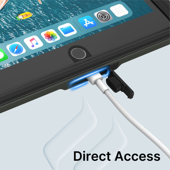A close-up shows an iPad (Gen 9/8/7), 10.2" in a Catalyst Case US waterproof case with a charging cable plugged in and another port open. The screen displays colorful app icons and “Direct Access” appears in bold at the bottom right.