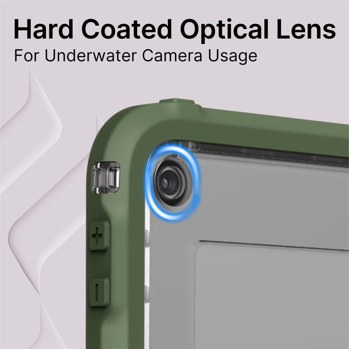 Close-up of the Catalyst Case US Waterproof Case for iPad (Gen 9/8/7), 10.2”, showing the hard coated optical lens with a blue ring, side buttons, and a corner loop. Text: "Hard Coated Optical Lens For Underwater Camera Usage.
