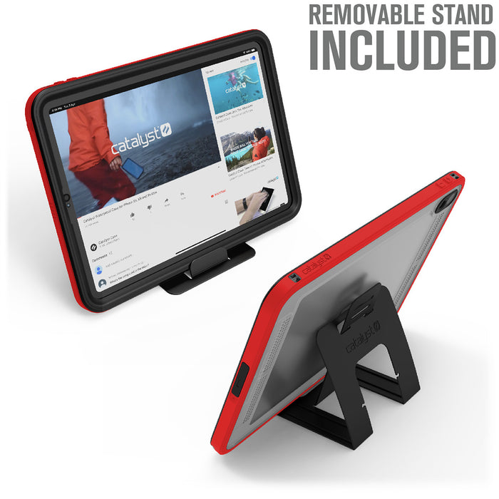 Catalyst iPad Pro (Gen 1), 11" - Waterproof Case showing the front and the back of the case with removable stand installed text reads removable stand included
