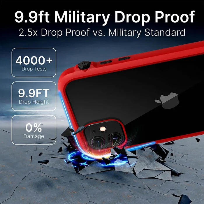 The Catalyst Case US iPhone 11 Impact Protection Case is shown in red and black, surviving a drop with "9.9ft Military Drop Proof," "2.5x Drop Proof vs. Military Standard," "4000+ Drop Tests," and "0% Damage" displayed onscreen.