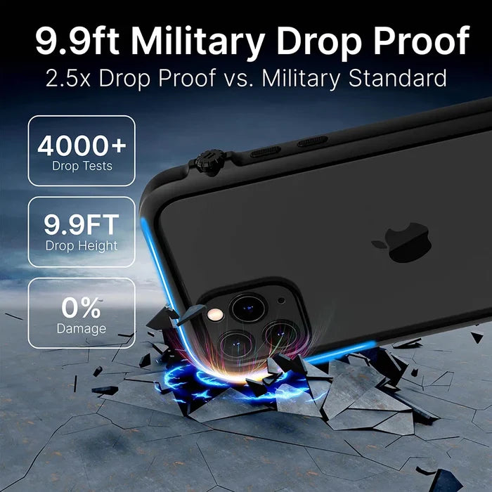 The Catalyst Case US iPhone 11 Pro Max Impact Protection Case in black shields your phone from drops on rough surfaces, featuring bold “9.9ft Military Drop Proof” and “2.5x Drop Proof vs. Military Standards” claims with eye-catching blue accents for impact resistance.