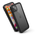 Two iPhone 11 Pro Max phones in Catalyst Case US waterproof cases, Stealth Black. The front phone shows its app-filled screen; the rear displays the Apple logo and triple cameras. Both stand upright, emphasizing case durability and design.