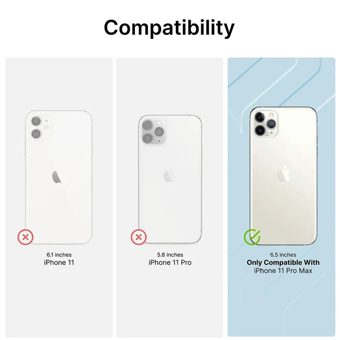 Under "Compatibility," the iPhone 11 (6.1") and iPhone 11 Pro (5.8") have red Xs, while only iPhone 11 Pro Max (6.5") has a green checkmark, showing this Catalyst Case US Waterproof Case fits only iPhone 11 Pro Max.