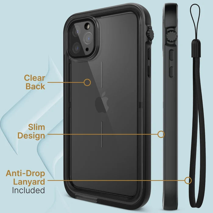 The Catalyst Case US iPhone 11 Pro Max Waterproof Case is shown from the back and side, highlighting its clear back, slim design, and anti-drop lanyard. The light blue background features abstract shapes.