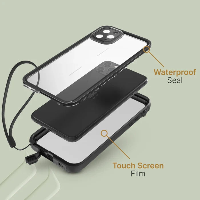 Exploded view of the Catalyst Case US iPhone 11 Pro Max Waterproof Case shows three layers: clear top with “Waterproof Seal,” middle with phone, bottom frame labeled “Touch Screen Film,” plus an attached wrist strap.