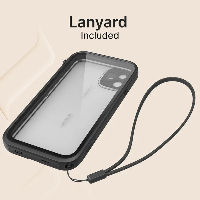 The Catalyst Case US iPhone 11 Pro Max Waterproof Case in black, featuring a clear back and attached lanyard, is shown with camera and port openings. Above, bold "Lanyard Included" text appears on a light beige background.