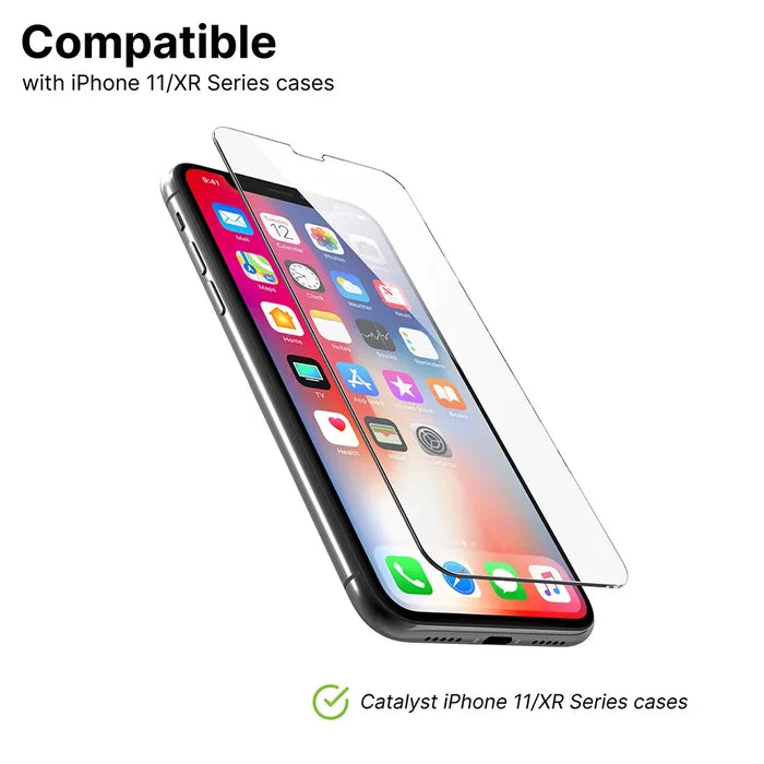 A Catalyst Case US Tempered Glass Screen Protector floats above an iPhone, showing vibrant app icons. Text displays "Compatible with iPhone 11 Pro Max/Xs Max cases" and "Catalyst Case US" alongside a green checkmark.