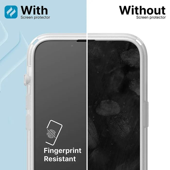 An iPhone 11/XR displays a split view: the left, with Catalyst Case US Tempered Glass Screen Protector, is clean and labeled "Fingerprint Resistant;" the right, without it, shows visible fingerprint smudges.