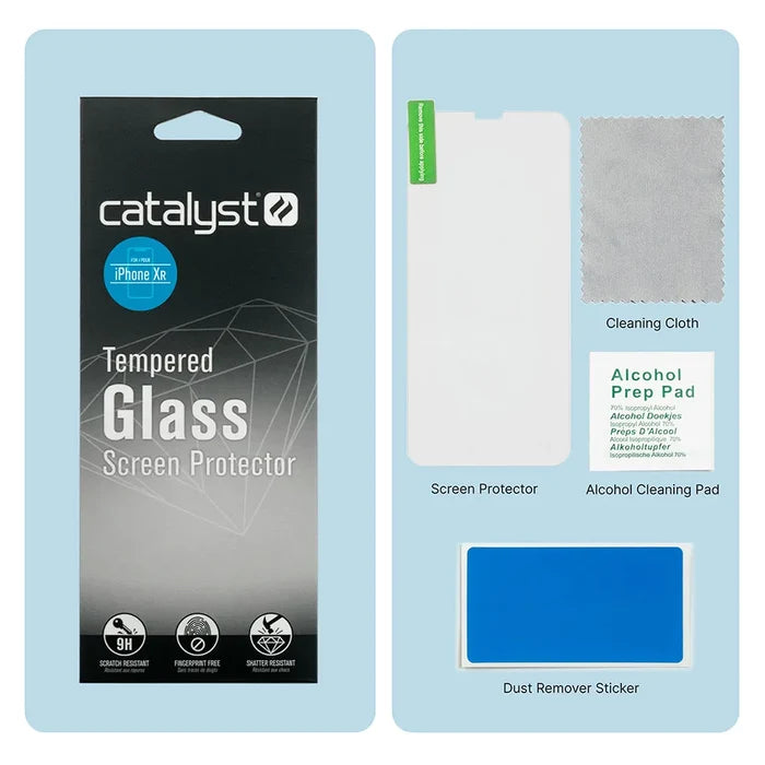 The image shows Catalyst Case US iPhone 11/XR Tempered Glass Screen Protector packaging on the left, with the protector, cleaning cloth, alcohol prep pad, and blue dust remover sticker displayed neatly on the right.