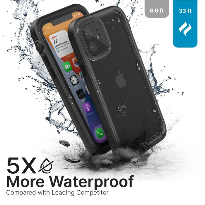 Two iPhone 12 devices in Catalyst Case US Total Protection rugged black waterproof cases are shown with water splashing. One displays the home screen, the other its back. Text: "5X More Waterproof vs Leading Competitor," with "6.6 ft" and "33 ft" resistance highlighted.