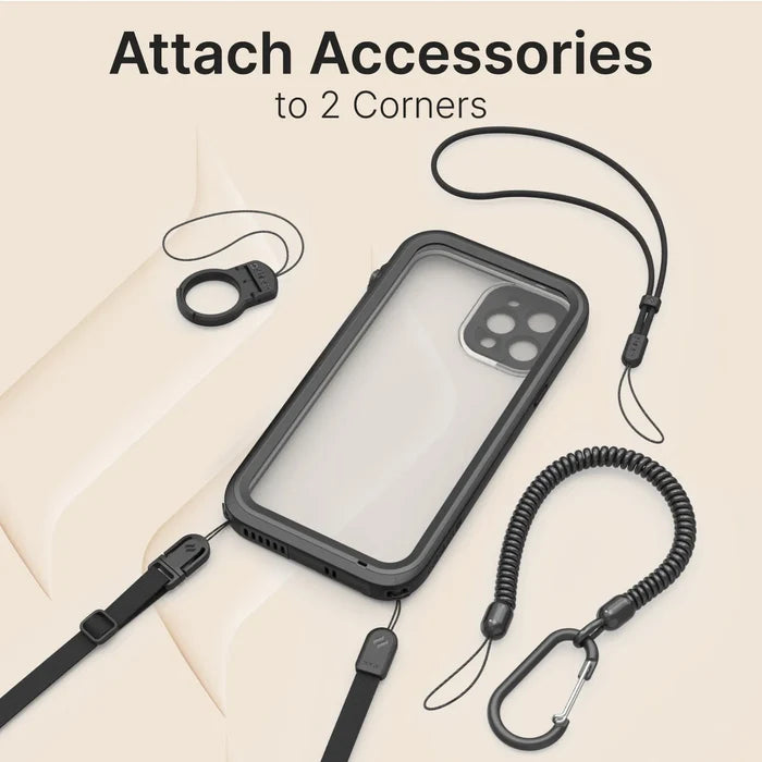 The Catalyst Case US iPhone 12 Waterproof Case - Total Protection is shown with black-edged clear design and two corner attachment points, surrounded by a ring, wrist strap, coiled lanyard with carabiner, and neck strap for versatile accessory use.