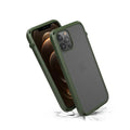 Two iPhone 12 / 12 Pro devices in Catalyst Case US Influence Cases, rugged green colorÃƒÂ¢Ã¢â€šÂ¬Ã¢â‚¬Âone shows its display, the other a triple-camera backÃƒÂ¢Ã¢â€šÂ¬Ã¢â‚¬Âland on a cracked white surface, highlighting MIL-STD 810G drop protection.
