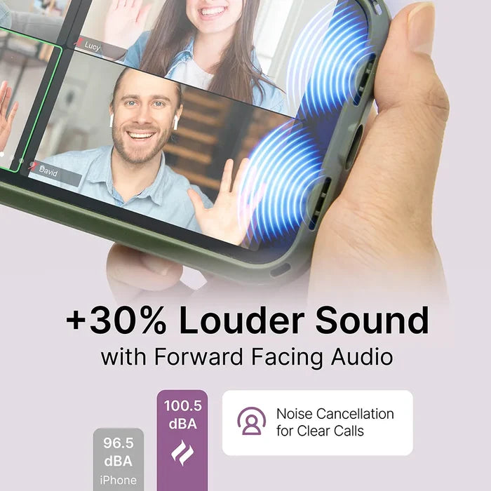 A hand holds an iPhone 12 / 12 Pro in the Catalyst Influence Case on a video call with three people smiling. Blue sound waves show +30% louder, forward-facing audio and “Noise Cancellation for Clear Calls.”.