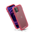 The Catalyst Case US Vibe Case for iPhone 12 & 12 Pro, shown in pink with a rugged textured design, stands upright next to a matching case that’s cracked the white surface below—highlighting its superior impact protection.
