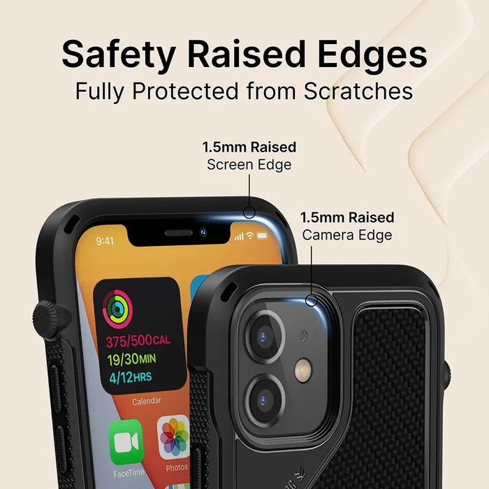 A close-up shows the Catalyst Case US Vibe Case for iPhone 12 & 12 Pro in black, with text highlighting 1.5mm raised edges for screen and camera protection. The phone displays battery stats and apps, set against a beige wavy background with feature highlights.