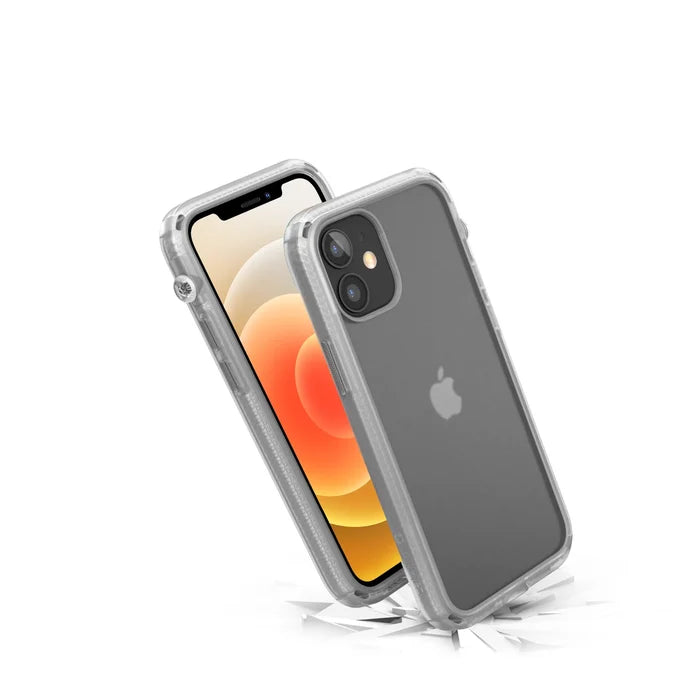 Two iPhone 12 minis by Catalyst Case US, each in a clear Influence CaseÃƒÂ¢Ã¢â€šÂ¬Ã¢â‚¬Âone displays its orange and yellow screen, the other shows the Apple logo. The right phone highlights drop proof durability for extra protection.