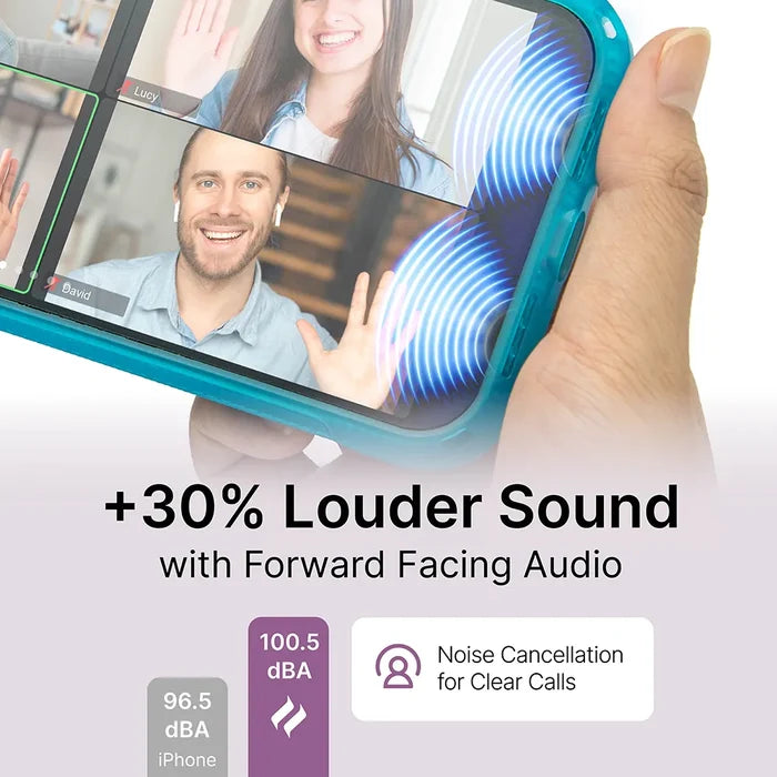A hand holds an iPhone 12 mini in the Catalyst Case US Vibe Case, showing a video call with three people waving. Blue sound waves highlight +30% louder forward-facing audio, 100.5 dBA volume, and noise cancellation for clear calls.