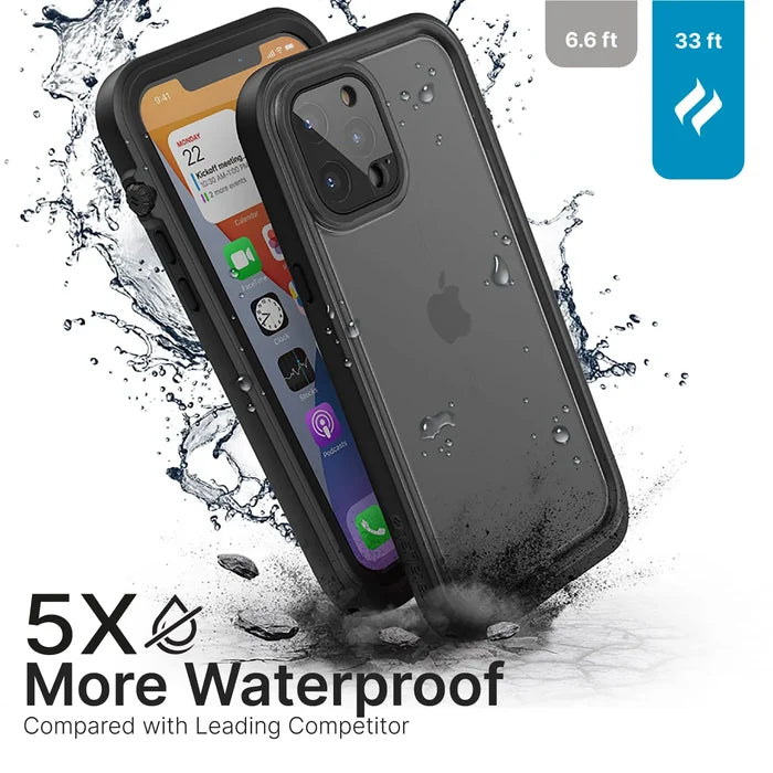 The Catalyst Case US iPhone 12 Pro - Waterproof Case, Total Protection shields your phone with 5X more waterproofing than competitors—water resistance icons display depths of 6.6 ft and 33 ft on an iPhone’s home screen covered by a black case with water droplets and splashes.
