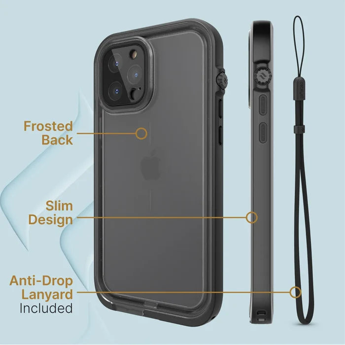 The Catalyst Case US iPhone 12 Pro Waterproof Case is shown from the back and side, with an anti-drop lanyard. Labels highlight its frosted back, slim design, total protection, and included lanyard on a light blue background.