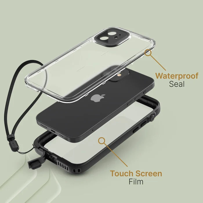An exploded view of the Catalyst Case US iPhone 12 Pro - Waterproof Case, Total Protection: top transparent "Waterproof Seal," the phone, and bottom "Touch Screen Film." A lanyard attaches to the bottom layer.