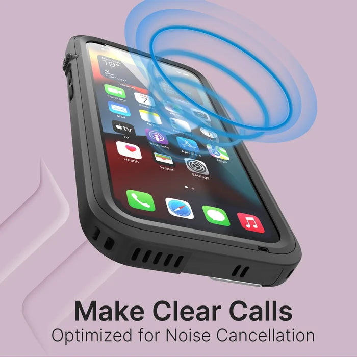 An iPhone 12 Pro in a rugged black Catalyst Case US waterproof case is displayed at an angle on a purple background, with blue sound waves from its speaker. Text reads: "Make Clear Calls. Optimized for Noise Cancellation." Apps appear on the screen.