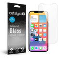 A Catalyst Case US iPhone 12 Pro Max Tempered Glass Screen Protector is shown beside a clear screen and an iPhone with colorful app icons. Packaging highlights scratch resistance, shatter resistance, and easy installation.