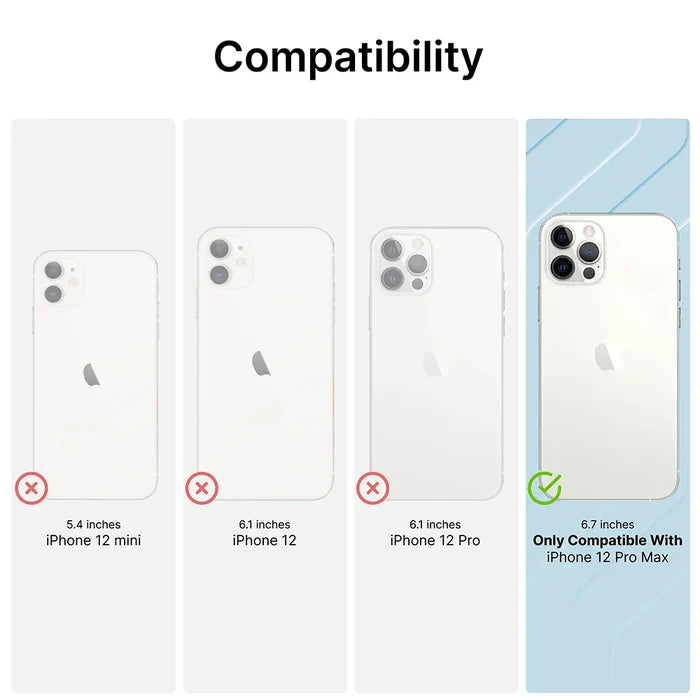 Four iPhone models are displayed: iPhone 12 mini, iPhone 12, and iPhone 12 Pro each have a red X. Only the iPhone 12 Pro Max (6.7") has a green check, showing compatibility with the Catalyst Case US Tempered Glass Screen Protector.