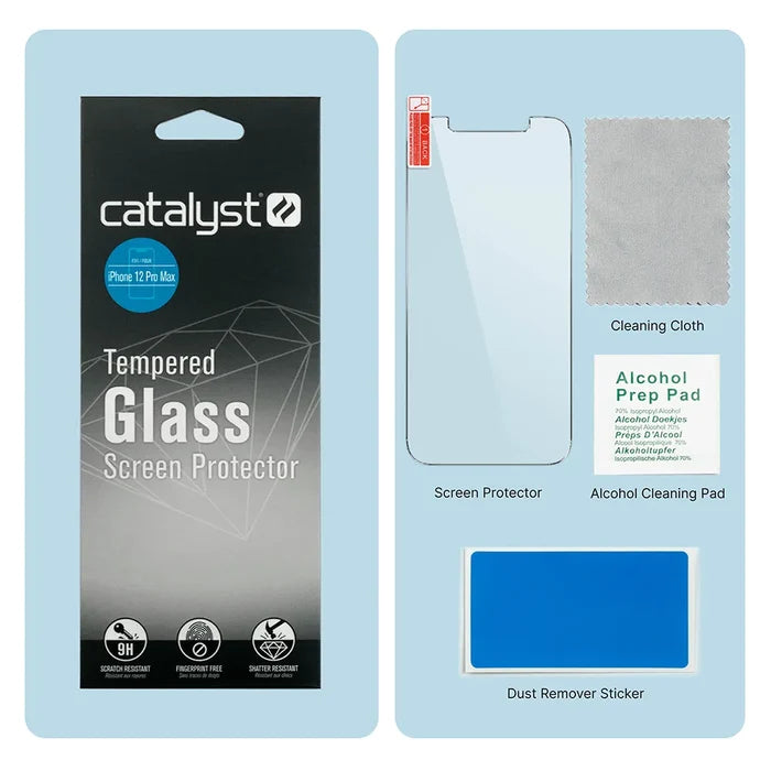 The image shows a Catalyst Case US iPhone 12 Pro Max - Tempered Glass Screen Protector kit, with the feature-labeled box on the left and its contents—the screen protector, cleaning cloth, alcohol prep pad, and dust remover sticker—on the right.