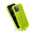 The Catalyst Case US Vibe Case for iPhone 12 Pro Max is shown in neon yellow with a rugged, hexagonal-textured design and reinforced corners, displaying both front and back views. Cracks beneath suggest drop protection; the phone screen appears black.