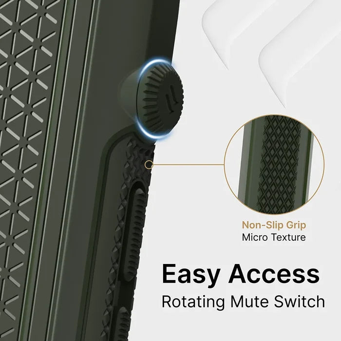 Close-up of the Catalyst Case US iPhone 12 Pro Max - Vibe Case, featuring a textured surface and an easy access rotating mute switch with a non-slip micro texture grip. Callout text highlights the switch: "Easy Access Rotating Mute Switch.