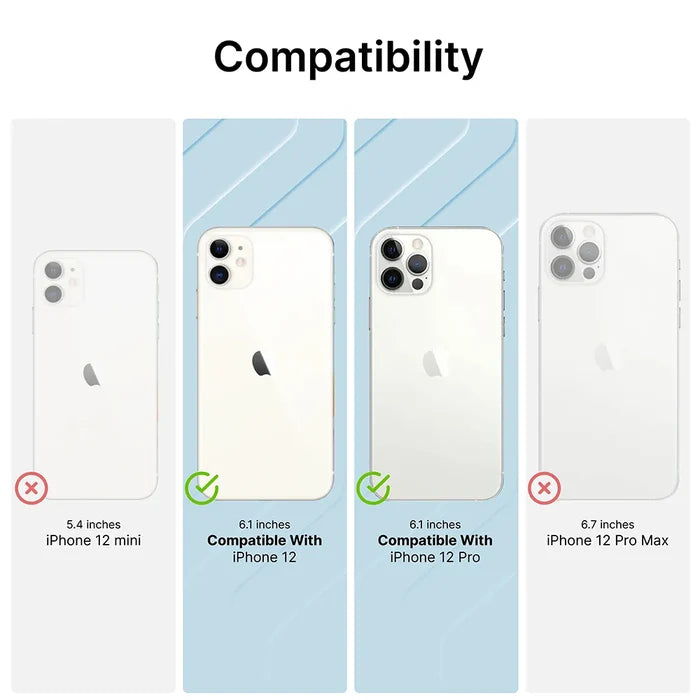 Image displays four iPhones with sizes. Red X marks show the Catalyst Case US iPhone 12 Pro/12 Tempered Glass Screen Protector is incompatible with iPhone 12 mini (5.4") & 12 Pro Max (6.7"), but fits iPhone 12 (6.1") & 12 Pro (6.1")—green check marks.